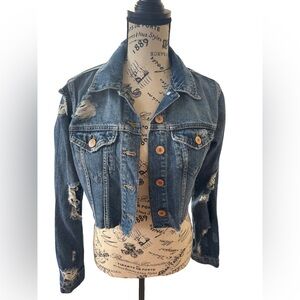 Distressed Denim Jacket with Copper Buttons